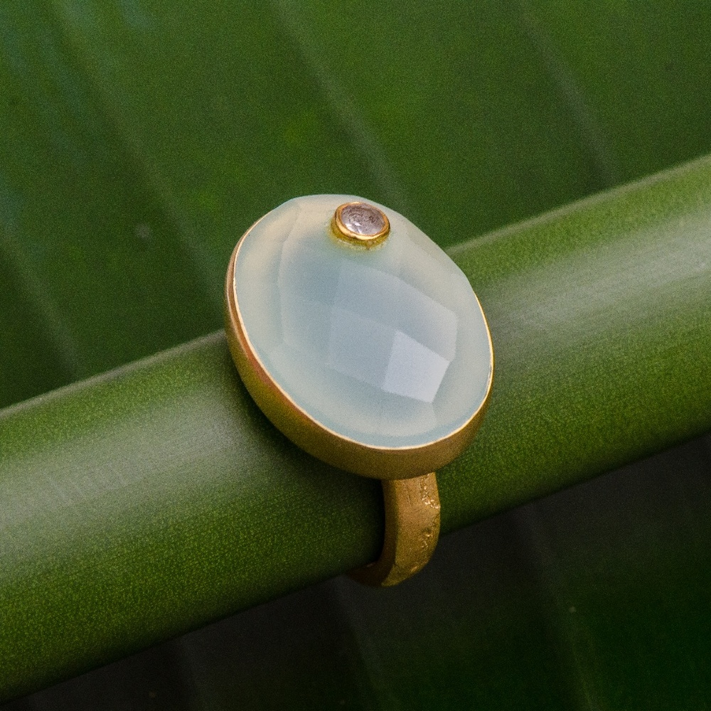 Chalcedony, white Topaz, 14k + 925 silver ring